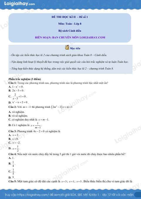 Đề thi học kì 2 Toán 8 - Đề số 1 - Cánh diều